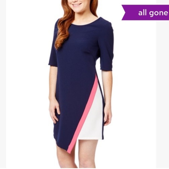 NWT Signature by Robbie Bee Navy Blue & Pink Asymmetrical Sheath Dress Size  10 - Picture 1 of 12